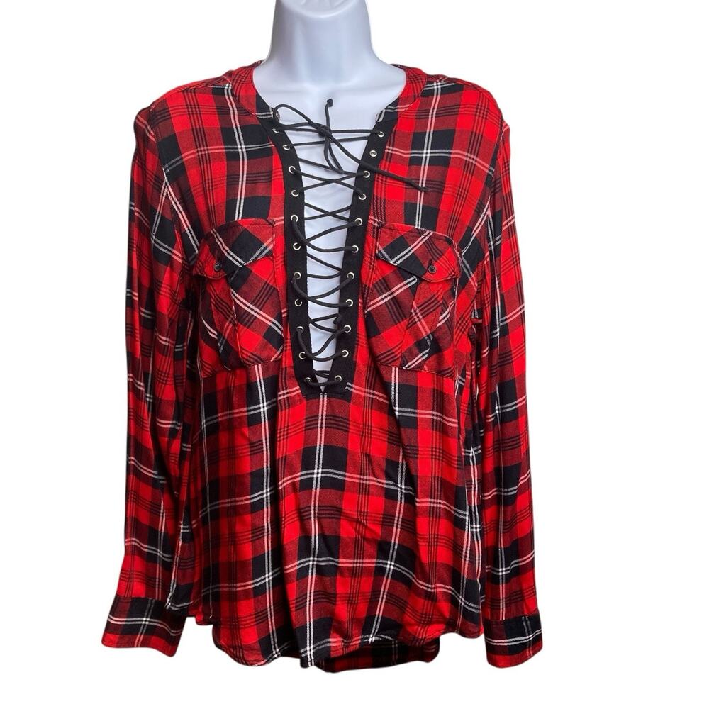 Express Women's Y2K Red Black Plaid Flannel Lace-Up Tunic Top Size M Hard‎ Rock